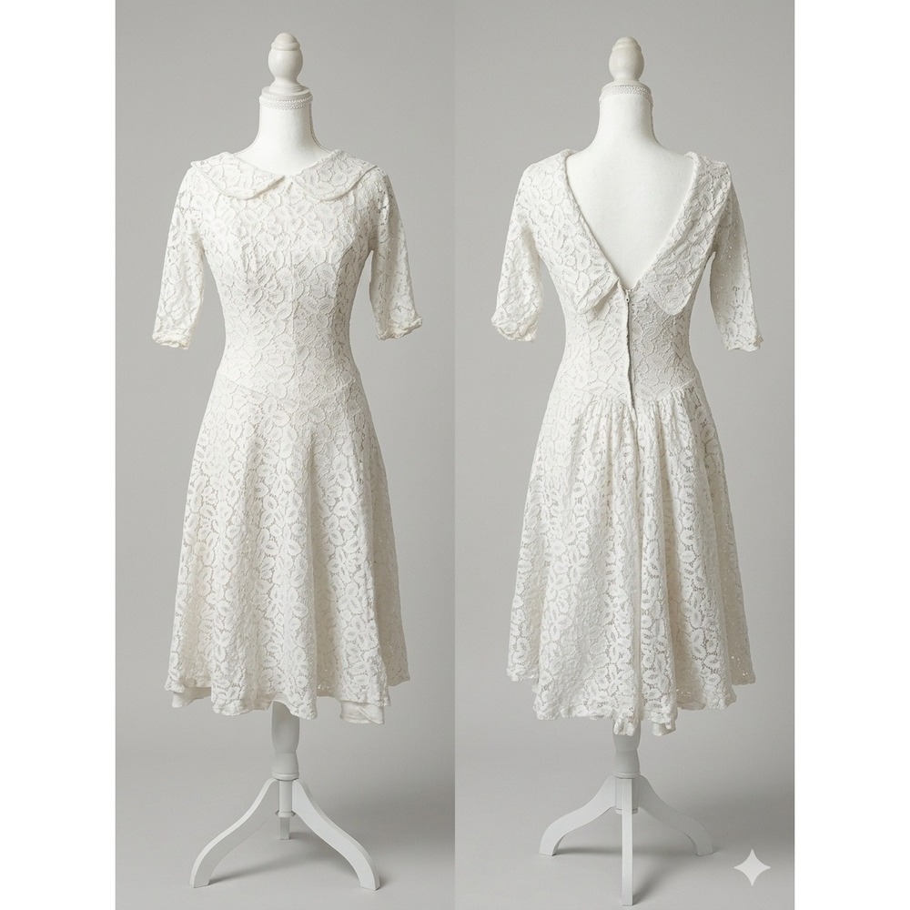 Vintage 1950s Andree Gay Biltmore Frocks Cream Lace Peter Pan Collar Dress